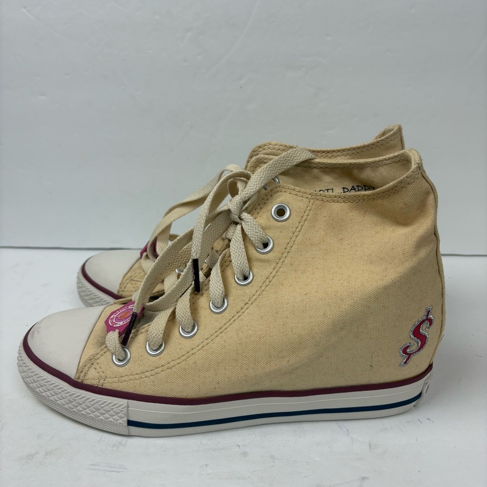 Y2K Daddy’s Money $ Hidden Wedge High Top Sneakers Cream Canvas Women’s Size 9